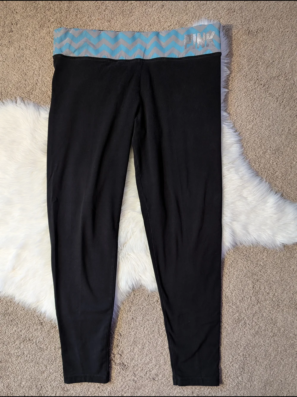 Victoria's Secret PINK Logo Yoga Stretch Pants Black Wide Waistband Size Large - Picture 1 of 11